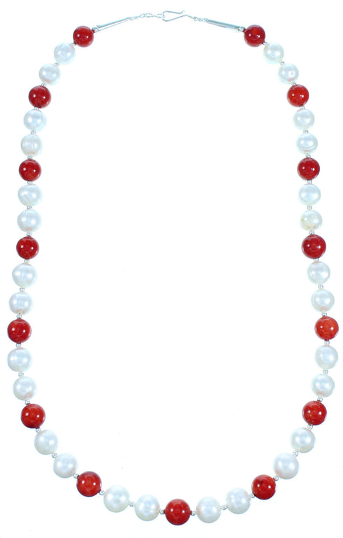 Genuine Sterling Silver Coral And Fresh Water Pearl Bead Necklace RX114230
